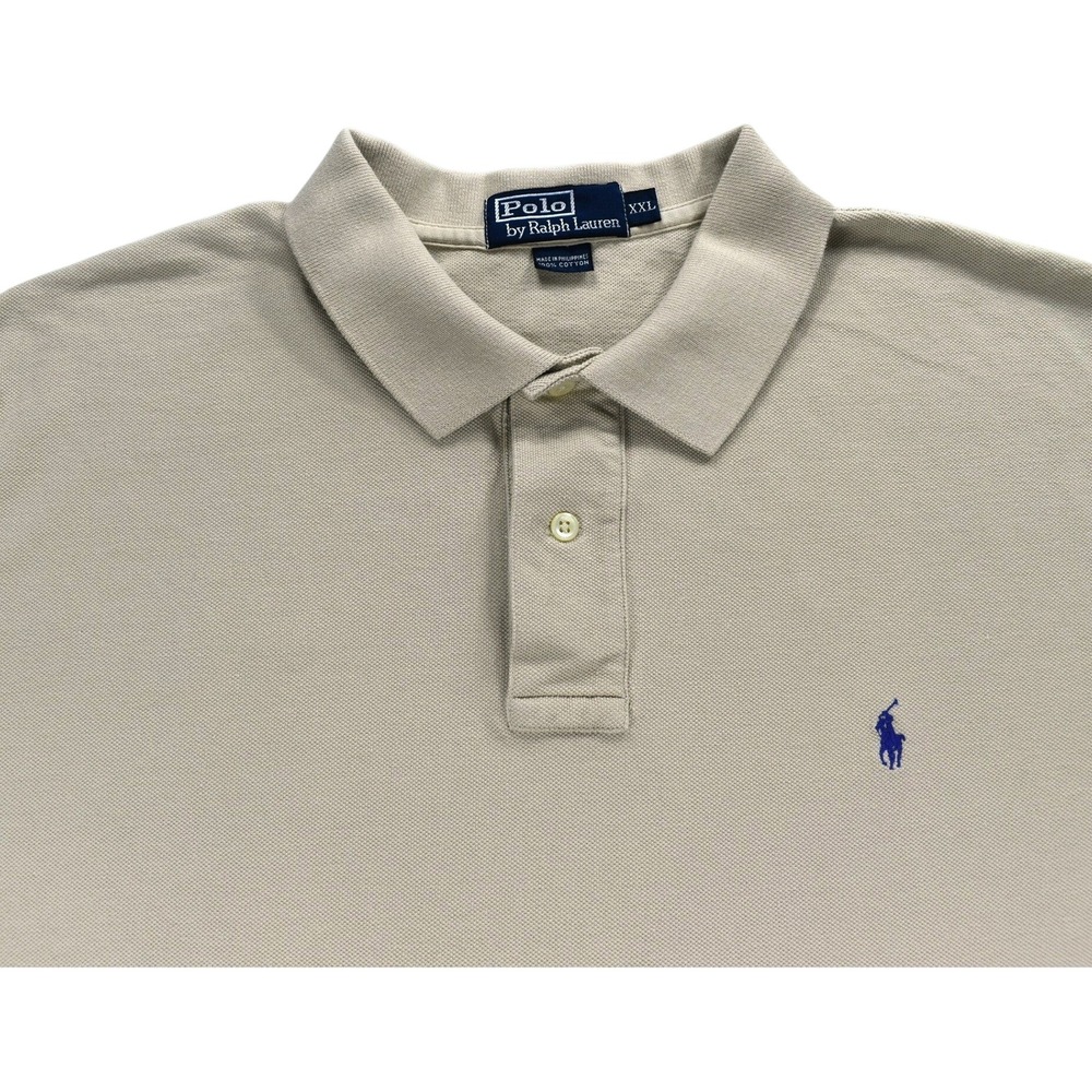Polo Ralph Lauren Mens XXL Tan Beige Pique Cotton Short Sleeve Polo Blue Logo